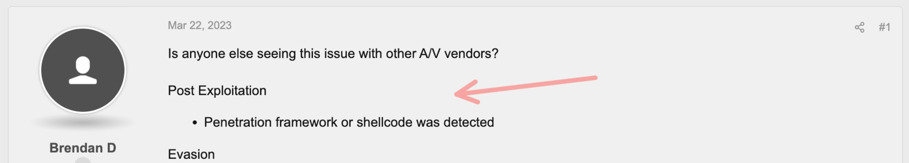 3CX community forum post from March 22, 2023, listing a SentinelOne Post Exploitation alert: Penetration framework or shellcode was detected