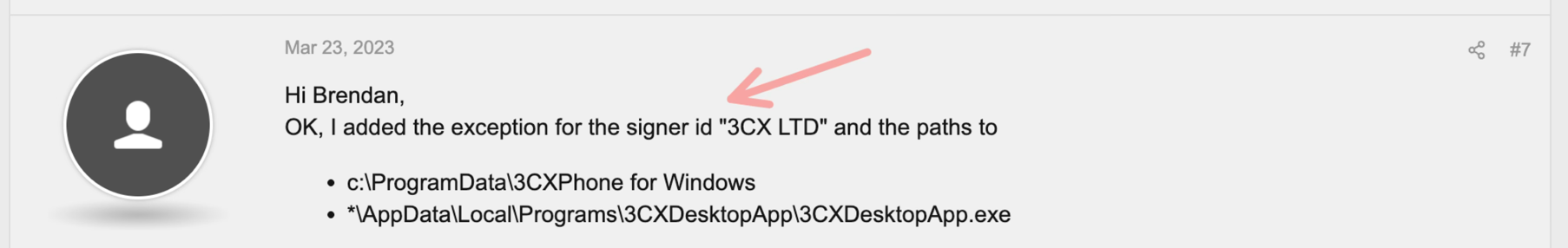 3CX community forum reply from March 23, 2023: OK, I added the exception for the signer id 3CX LTD and the paths to the 3CX desktop app