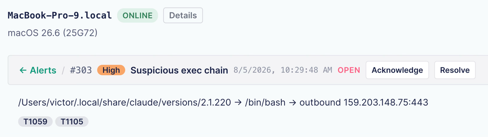 EDR alert #303, Suspicious exec chain, showing the Claude Code binary spawning /bin/bash, which opened an outbound connection on port 443