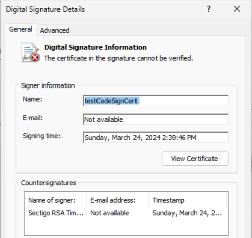Certificate in code signature cannot be verified