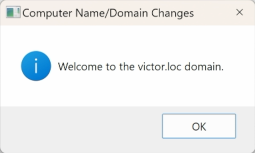 Windows 11 dialog indicating successful domain join.