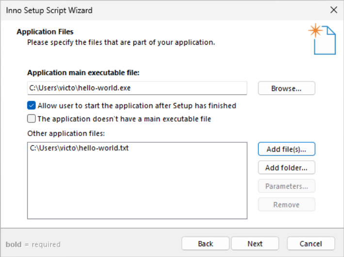 Application Files window of Inno Setup Script Wizard. hello-world.exe and hello-world.txt are specified.