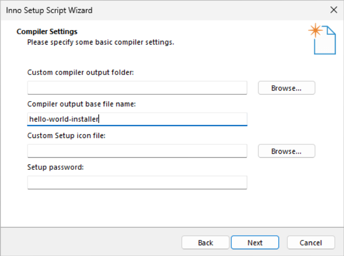 Compiler Settings window of Inno Setup Script Wizard. hello-world-installer is specified as the compiler output base file name.