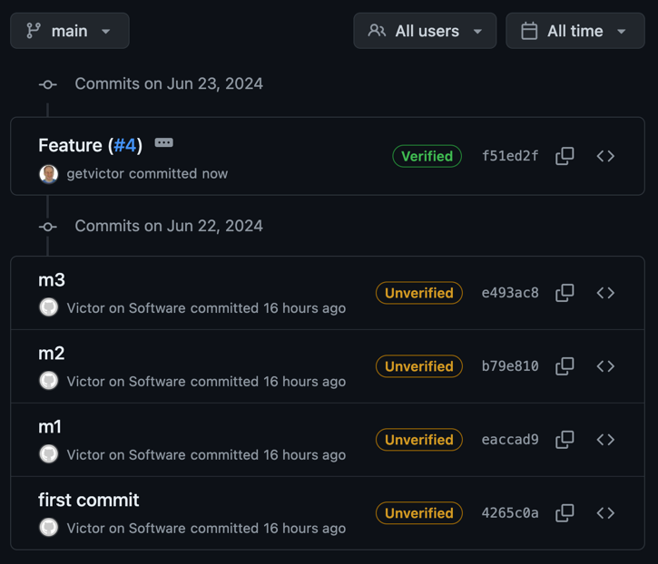 Commit history of main after squash and merge