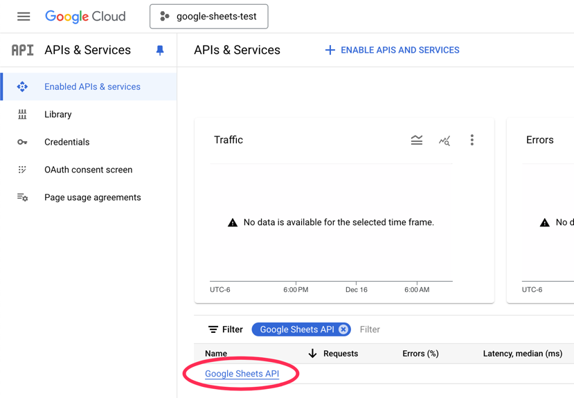 Google Cloud APIs & Services console with the Google Sheets API enabled.