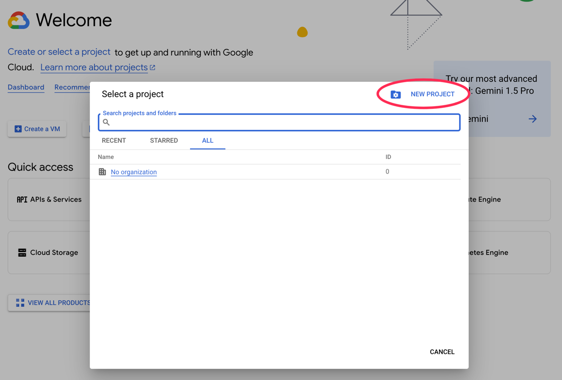Welcome to Google Cloud screen, with a modal to select a project. The NEW PROJECT text in the top right of the modal is highlighted.