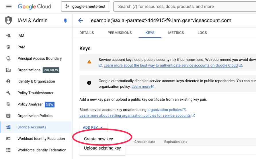 Google Cloud service account detailed view. The KEYS tab is selected. ADD KEY button is pressed, showing the option to Create new key.