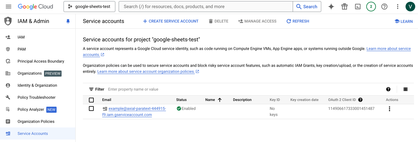 Google Cloud IAM & Admin screen with a service account.