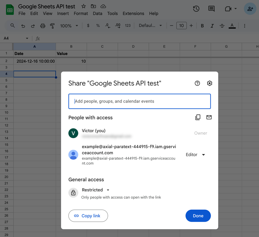 Google Sheets spreadsheet with the Share modal open. The spreadsheet is shared with the service account with editor permissions.