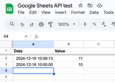 Google Sheets spreadsheet with two rows containing populated Date and Value columns.