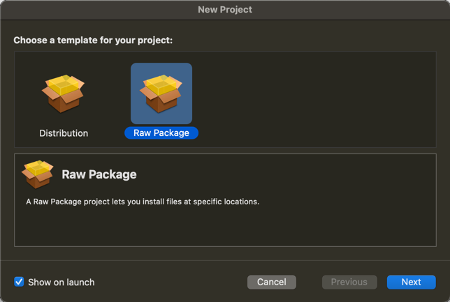 Choose a template for your project. A Raw Package project lets you install files at specific locations.