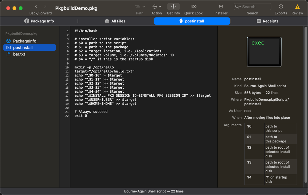 Suspicious Package app showing the contents of the postinstall script.