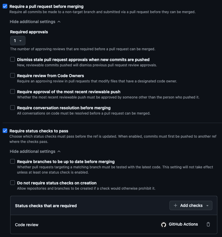 Require a pull request before merging. Require the Code review status check to pass.