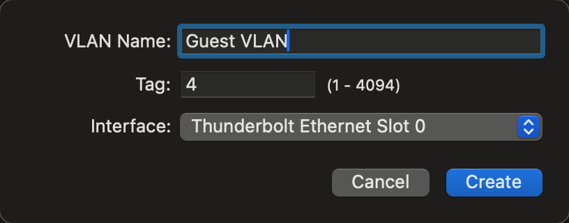 macOS network settings with VLAN ID specified.