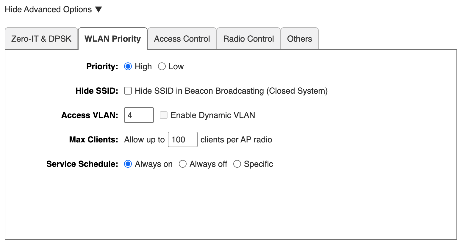 WLAN priority tab that specifies the VLAN tag of 4.